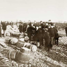 The cargo of the steamer Niord ( the Butterboat ) which ran aground off Seaham on 31 Dec 1899.Eleven of the crew were rescued by the Skynner. Large quantities of Butter , bacon and eggs found their way into local larders much of it hidden in prams or wrapped in shawls and carried by the women, "Butterbabies". A few, 28, were caught and convicted of larceny at Seaham Magistrates court. Remaining cargo was sold by auction at Elgey's timber yard.