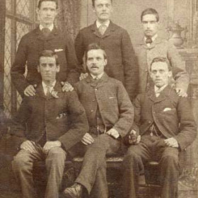 Bottleworks staff in the late 1880s
Back Row
William Reed, Bill Todd, not known
Front Row
not known, Dick Hall, Ted Hall.
W Reed, my great grandfather born 1861, moved to Hetton around 1892 and died  shortly afterwards of typhoid, aged 33. (D Angus)