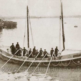 The "Bradford" Number 2 lifeboat 1909 -1911 
In 1903 the RNLI had begun a series of trials, with petrol engines being fitted into existing pulling and sailing lifeboats and in 1906 a 40 hp Briton petrol engine was fitted into the former Ramsgate lifeboat "Bradford". 
She was re-engined in 1907 and after being stationed at Seaton Snook for 2 years was sent to Seaham as No 2 Lifeboat.
She was 42 ft x 11 ft self righter and served at Seaham until 1911.
Shown here prior to having an engine fitted in 1906.
Information from Seaham Lifeboats by Jeff Morris