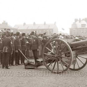 Created by the Goverment in 1859 to counter the threat of Napolean 111 of France, the Volunteer Movement was designed to let towns look after their own defence.
Lady Londoderry formed the Seaham Volunteer Artillery Brigade in 1860.
Photograph, Seaham Volunteers on Terrace Green, date not known.