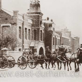 The 2nd Durham (Seaham) Volunteer Artillery Brigade.
Volunteers leaving rear of Drill Hall in Castlereagh Rd in 1912
Built in 1888, the Drill Hall burnt down in 1986 after 28 years as a clothing factory.