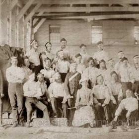 Seaham Volunteers with white bands on hats.
Shooting competition in Canada.
Two teams of 5 plus 2 reserves each.
Volunteers won 5 awards. Photograph probably c 1890.