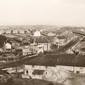 View north from the Dilly ( Seaham Colliery pit heap ) in the 1950's, the old windmill to the left, Mill Inn centre and Butcher St in the foreground.