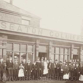 Seaton Colliery Inn, formerly the Colliery Inn, built before 1856, it was bombed during WW2 and rebuilt in the 1950's as the Phoenix. Situated at the top of the Mill Inn bank.  Photogaph 1897 J.W.Botcherby (in doorway wearing waistcoat) died Oct 29 1903