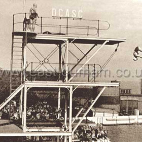 Olympic standard diving boards at Dawdon Colliery Pool, "Pit Pond" 1950s? There were fixed boards at 5, 7 1/2 and 10 metres.
The pool equipped to Olympic standards was much in demand for national and international events.
In 1956 the British Olympic Diving Team was chosen following a week of trials at Dawdon