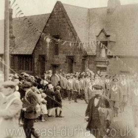 Dawdon Pageant c 1934 the procession turning from Church Street into Blandford Place, the National School in background.