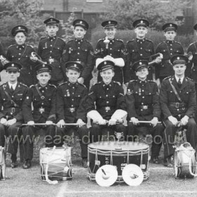 Dawdon Church Lads Brigade 1946.
Jim Tulip adds "Jim Tulip, back row, left holding bugle. Next to me Gordon Magee, Bobby Barrat 3rd from right at back (his father Sam was I believe a trade union Secretary, quite well known) At the back with the mace at that time was the guy called Gibson who passed it to me in 1950 I think. At the front on left chap called Turner and on right George Seth they were the officers."