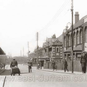 Southern end of Princess Rd from the bridge. Co-operative store to the left, Dawdon Workmen's Club at right with the Princess Cinema behind, 1930s-50s