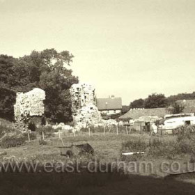 Ruins of the ancient stronghold Dalden Tower with farm buildings behind probably c 1930.