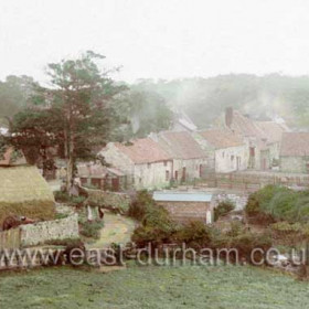 Looking east to rear of farms, road running off frame to left to Colpitt's Farm. Photograph c 1890, colour D Angus