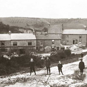 Boys on bridge in Dalton le Dale c 1910. Wrongly named Cromwell's Bridge, it was not built until 1789, Cromwell passed by in 1644. John Dickeson's Burnside Works behind.