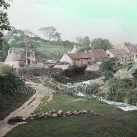 Sexton's Cottage and rear of farms from the west, St Andrew's church off frame to left c 1890.