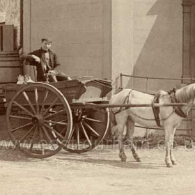 Detail from previous photograph, man on cart not known.