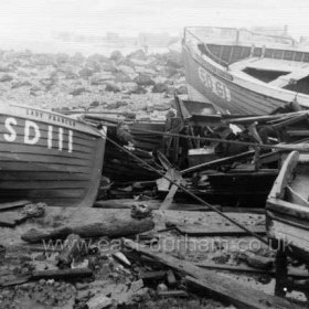 "Village Queen" and "Ladt Frances" among other wrecked cobbles on Terrace Beach. 31/1/1953