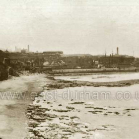 Looking north to Robert Potts' shipbuilding yard at SW corner of old South Dock. Coal Store on skyline just left of centre.Date of photograph not known but possibly well before 1890.