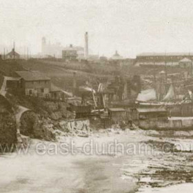 Detail fron previous picture (SDFS 001)Looking north to Robert Potts' shipbuilding yard at SW corner of old south dock. a patent slipway was used at this yard.This yard originally belonged to William Henzell from 1834 until the 1850s probably primarily a ship repair yard he certainly built the"William" here in 1839 maybe more but I have no record of any other shipbuilding until Robert Potts built the "Caspian", the "Jane Duncan" and the "Robert and Mary" in the 1860s. All wooden sailing ships, with the advent of iron ships he turned to ship repair until after a fire in 1880 he ceased trading. A room in this building was used to isolate any sailors taken ill with suspected typhoid, cholera or smallpox even after 1894 when the Isolation Hospital was built. Known as the Quarantine Station it was still in use for this purpose in 1932.Princess Rd Fire Station now occupies the site of the Isolation Hospital.Wm Henzell was landlord of the Royal Oak Inn, Pilot Terrace by 1858.