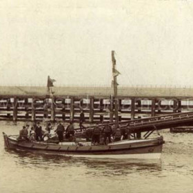 The "Elliot Galer" 1911-1936, Seaham's fifth lifeboat arrived on April 22nd 1911, pictured here on the occasion of her inauguration ceremony.
She saved 59 lives during her 25 years service at Seaham including 13 crewmen of the Londonderry steamer "Stewart's Court" which had been sunk by a German submarine off Easington in August 1918.
She was also involved in the attempted rescue of the crew of the American ship "West Hika" which ran aground on rocks off Easington on Jan 15th 1936.
Between the 15th and the 20th the lifeboat attended the ship 5 times but the crew refused to leave, eventually the coastguards brought all 38 crew members ashore by breeches buoy, the ship was not refloated until 9 months later.