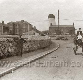 Mill Bank, Fulwell. Mill Bank. Mill Bank and then Station Rd ran down from Newcastle Rd (top of the photo) to Fulwell where it joined Sea Rd running to the coast about a mile from the mill. The mill was built in 1808 using local lime stone and after falling into disrepair has now been restored to working condition as a museum. 
Information from Len Charlton.