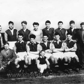 Dawdon Celtic 1956 at Dawdon C.W. ground Green Drive. Doug Purvis back left(suit), Walter Howarth back right player, Brian Smith goalkeeper, Bobby Levitt? 5th left back, Steve Jones 3rd left front.
Photograph and info from M Howarth