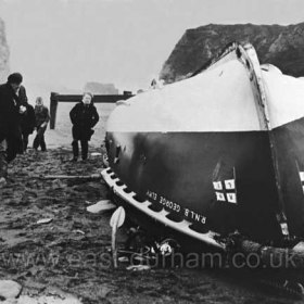 RNLB George Elmy on the Chemical Beach, just off Dawdon colliery on the morning of Sunday 18th November 1962 after capsizing the previous night with the loss of nine lives.
See "LIFEBOAT DISASTER" under SEAHAM/ HISTORIES.