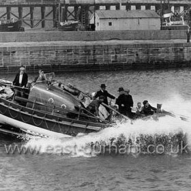 Launch of RNLB George Elmy shortly after her arrival in Seaham on Jan 15th 1950. She was formally christened by the Marchioness of Londonderry on 26th of June 1950.The George Elmy was a Liverpool-type boat but capable of being launched from a beach. She weighed 8 tons and carried two 18 horse-power watertight petrol engines, giving her a speed of seven and a half knots.