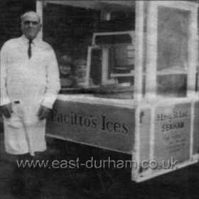 Frank Pacito with his ice cream barrow.
Frank was trading from his shop in Church St until the 1960s when his shop and that of Billy Hoare (butcher) next door were bought by Fine Fare, Seaham's first supermarket.