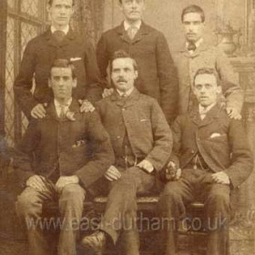 Bottleworks staff
Back Row;  William Reed, Bill Todd, not known
Front Row; not known, Dick Hall, Ted Hall
W Reed was my great grandfather and as a young man worked at the Bottleworks, in the early 1890s he moved to Hetton and died from typhoid in 1897 aged 33. (D Angus)        Photograph c 1890