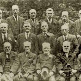 The Old Men's Parliament 1931. Most of Seaham's population will be related to one or more of these men who were born between 1842 and 1872.
BACK ROW; Charles White 59,  Robert Watson 70, Thomas Potts 64,  George Shepherd 79,  Henry Marley 68,  Thomas Kyle 70,  William Ballard 74.                      MIDDLE ROW; John Arkley 67,  Thomas Ballard 69,  John Blake 62,  Joseph Spence 71,  William Rowell 71,  William Todd 68,  Thomas McAndrew 74,  Elijah Rowland 66.                                                                                                                 FRONT ROW; William Sandy 76,  Robert Spence 69,  William Moorhead 89,  Thomas Dobson 89,  Aaron Smith 86,  James Curry 77.              
They met from 1928 by permission of the 7th Marquess in a sheltered nook at Seaham Hall grounds on summer afternoons or in the Coach House during bad weather to debate events past and present.