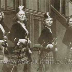 Scottish dancers who performed in a variety show for troops stationed in Seaham Harbour during WW2. Second from left Georgina Tizard (later Lacey) others unknown.      Photograph and info Graeme Lacey.