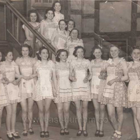 Dancers that took part in the pantomine Babes in the Wood possibly in 1939 at the Theatre Royal.
The front row features left to right, Mary Thomlin, unknown, unknown, Margaret Gilmore (Dawdon butchers?), unknown, unknown, Joan Thomlin, Georgina Tizard (later Lacey), unknown.
Photograph and caption from GRAEME LACEY