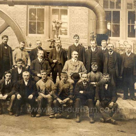 The first Ambulance Class, Dawdon Colliery.   c 1911?                         
L to R Back Row; R Curry, W Lacey, J Lowery, J Lawrence, J Wilkinson, G Hodgen, W Davey, T Smith, J Hunter, J Wright, T Lightfoot.              
Middle Row; J Wright (Jun) , Seymour Wood (Manager), Dr Dillon, J Woodhouse.     
Front Row; A Willis, G Crozier, F Pearson, R Shanks, J Shaw, W Proud