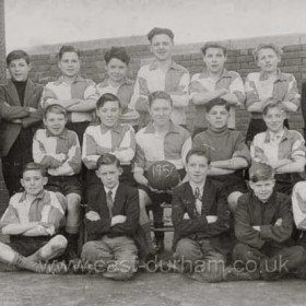 St. Joseph's, 1950. Back row 4th left is Brian Smith, front row 2nd left Dennis Mckenna (suit), front row 2nd right Walter Howarth (suit) and middle row, second right is goalkeeper Harry Brace.    
Photograph from M Howarth