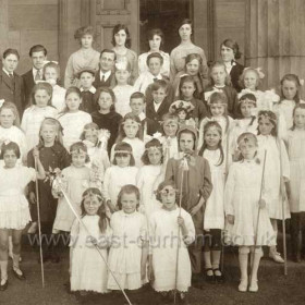 Band of Hope and Glory run by the Rev H Churchyard.
Left to Right.
Top Row; Jeffreys, Ross, Adamson, Ross
2nd Row; Curry, Stonehouse, Wilson, Crossman, ?, Armstrong.
3rd Row; ?, Hood, Anderson,Kennedy, Williams, Simpson.
4th Row; Dodds, Brown, ?, ?, Nelson, ?, Brown.
5th Row; Jeffreys, Williams, Jeffreys, Dormand, Dodds, Heads, ?.
6th Row; Harrison, Kennedy, ?, ?, Nelson, Smith, ?, Crossman, Brown.
7th Row; Dodds, Childs, Haswell.
Photograph 1918 or 1919.