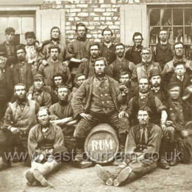 Probably a group of itinerant workers in Seaham between 1870 and 1890 with foreman on barrel and manager (accountant), centre right with bowler hat, who would price jobs and send money home for the men. Location not known