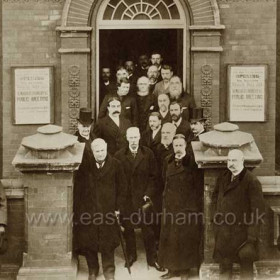 Opening of Seaham Harbour Conservative Club, Charles St by the Marquis of Londonderry on March 16th 1894.
2nd Row; Rev Angus Bethune, Luke G Dillon, R Clemitson, Colonel Gregson.
Front: Lord Ashbourn, Sir Havelock Allen VG, Marquis of Londonderry K.G., Colonel Emminson, Major Foster. 
This club closed in the 90s and is now the Marlborough PH.