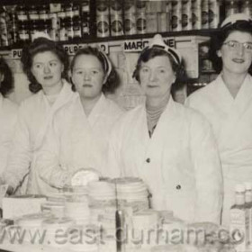 Meadow Dairy in Church St.
L to R; Milly Redshaw, Dorothy Carr nee Ellis, Margaret Pattinson, Miss Tempest (Manageress), Iris Curew.  c 1952
Photograph from Brian Carr