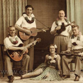 Seaham Hawaiians, Billy Hutchinson at left in the 1930s. 
Do you know the names of any of the other band members or anything about this band.
Photograph from Alan Rowell