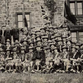 5th Seaham Scouts and Cubs photographed behind Christ Church Vicarage in the 1920s, possibly 30s. Samuel Kearney, vicar of Christ Church from 1921 to 1946 at centre front. 
Photograph from Alan Rowell