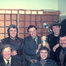 Staff at Seaham Council Yard Manager's office in the early 1970s.
Jack (jacky ) middleton (rear left ) with Billy Austin, Derick Smith, Ray &Jimmy Head  
Photograph from Jamie Cole, info from Ian Middleton