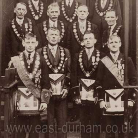 RAOB (Buffs) on the steps of the Station Hotel in 1920
Members being presented with their aprons.
Back Row L to R; John Laidler Robson (Bottlemaker), Bernard Finn (Licensee). Robert Potts (Dawdon Signalman).
Middle Row; Herbert Clubley (Murton Colliery Bricklayer), Angus Young Snr. (Seaman), Jack Griffiths (Dawdon Miner), Bob Lisgo (Dawdon Miner).
Front Row; Harry Curtis (Dawdon Banksman), John Lambert (Farm Hand), John Lambert Jr (Farm Hand), John Swaine (Ex Miner & Bottle House Hand).
Photograph from Ann Ward