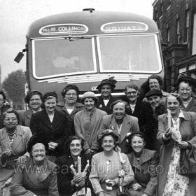 Seaham ladies on a day trip in a Collings coach. Probably a Dawdon group, maybe St Hild and St Helen's or WI. 
Mrs Allen at back right against bus. Photograph 1950s.
Do you recognise anyone?