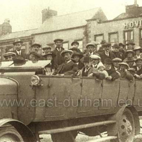 Seaham folk on a charabanc trip probably c1912. Solid tyres and no top, must have been great fun.