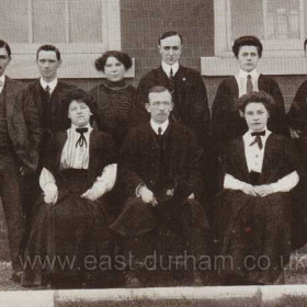 Ryhope Grammar Staff in 1911-12, the school opened in 1911.
R P Williams (Headmaster), J S Whyte, E Jeffery, H H Howells, P C Barnet, H J Lewis, 
Miss J A Farrow, Miss M Dryburgh, Miss M McNair, Miss B B Walters.
There are ten names and only nine in the photograph,
pupils at the school came not just from Ryhope but also from Easington, Murton, Seaham, Silksworth, Hylton, and Whitburn. 
Photograph and info from Bob Walton