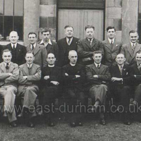 The "old" scouts as they were named in 1950, the forerunner of the scout association
My dad and his friends are seated to the right of the vicar, Billy Cummings, Fred Turnbull, Billy Richardson and Joe Hurst
In front of the doors at the back are Fred Venner (Scout Leader( and  Alfie Dow (Dow house named after him).
Photograph and caption from Marion Johnson