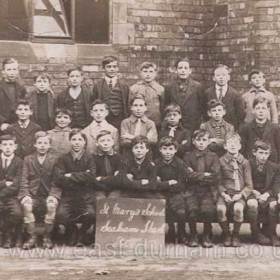 St Mary's School, Vane Terrace 1920
Back Row L to R; J Meade, J Giblin, R Wilson, Robinson, Robson, Kelly, T Bewick, B Johnson, J Murray.
Middle Row; T Devlin, Self, T Malloy, S Bagley, T Edmundson, P Garrigan, Gartland, J Felton.
Front Row; D Robinson, Marrin, T Reay, A Reed, P (A?) Scollen, H Lavery, W McKenna, P O'Neil, D Cassidy, R Wilson.
Schoolmaster Dick O'Hara
Photograph from Ian Simpson