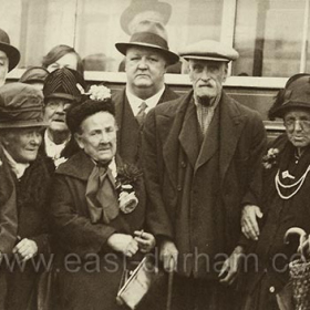 Jack Stuart, centre back, with some of the old folks who went on his free bus trip to Darlington and Stockton in 1931.
Photograph from Tom Allen