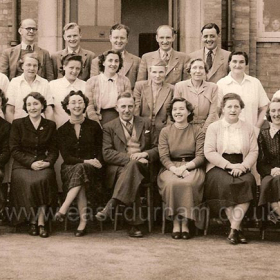 Deneside Junior School c1956/57
Photograph taken in the central playground between the Infants and Junior Schools.
Back Row, L to R:- Mr McLoughlin; Mr Dodsworth; Mr Waugh; Mr McNee; Mr Bradley?
Middle Row:- Dinner Ladies: Gladys (surname unknown); Mrs Dawson (supervisor); Mrs Adams (my mum); Teacher (unknown); Miss Moore; Dinner Lady (unknown); Dinner lady Mrs Grieves.
Front Row:- Teacher (unknown); Mrs Richardson; Teacher (unknown); Mr Wilkinson (Headmaster); Teacher (unknown);  Teacher (unknown); Miss Peart.
Photograph and info from Winifred Adams