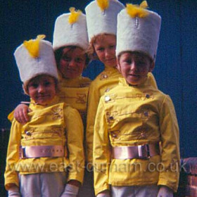 Four members of the Seaham band, Deneway Coasters, c1967 on the steps of 17 Hawthorn Square.
Left front is Lesley Carver (now Wilson), behind her is her cousin Norma Kennedy (sadly no longer living), front right is Ashton Hair and behind him his sister Elissia Hair. 
Photograph and caption from Richard Thorpe.