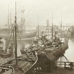 Londonderry ships in North Dock in 1904, bucket dredger at left.