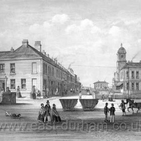 Dock head, railway from Rainton, North Tce, Londonderry Offices and Bath Tce in the distance. Note that the Woods and Co Bank, later Barclays is not yet built on end of Bath Tce ( it was built in 1861 and opened for business in 1862 )This engraving not earlier than 1858 ( cannon on Tce Green ) and not later than 1860 ( no bank at end of Bath Tce ).